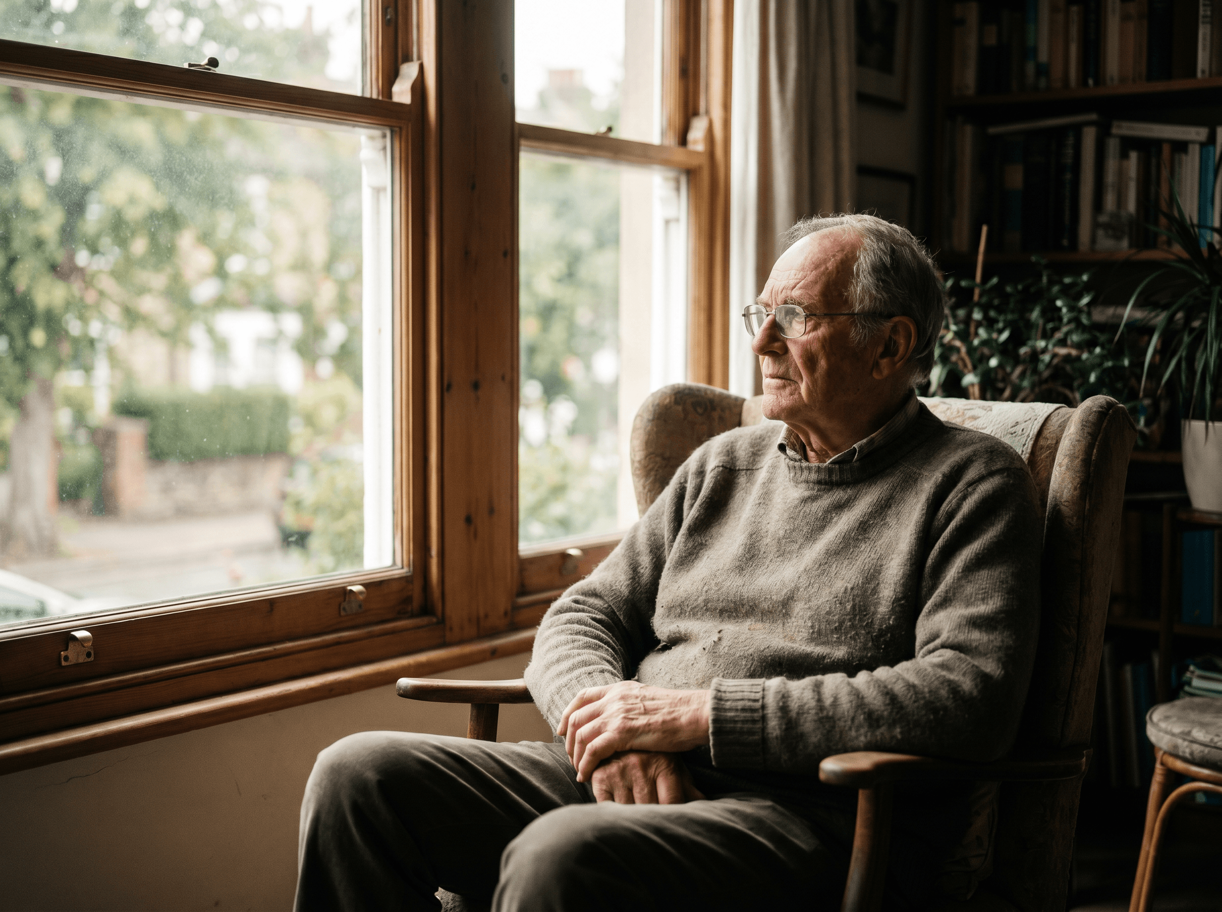 Thoughtful elderly grandfather looking out the window in warm light, representing peaceful moments in memory care visiting
