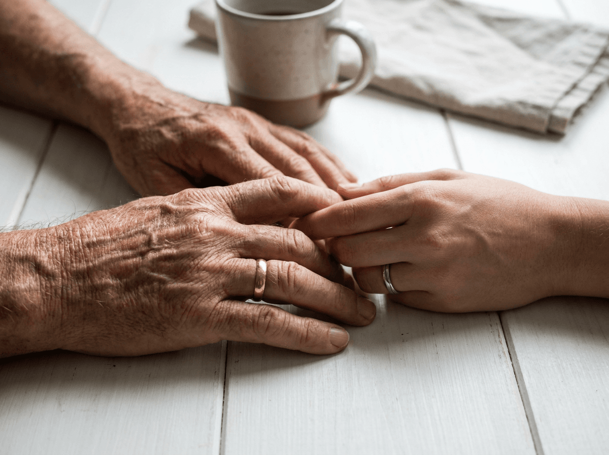 Caregiver's hand reassuringly touching an older man's wrinkled hand on a table, illustrating reminiscence therapy connection