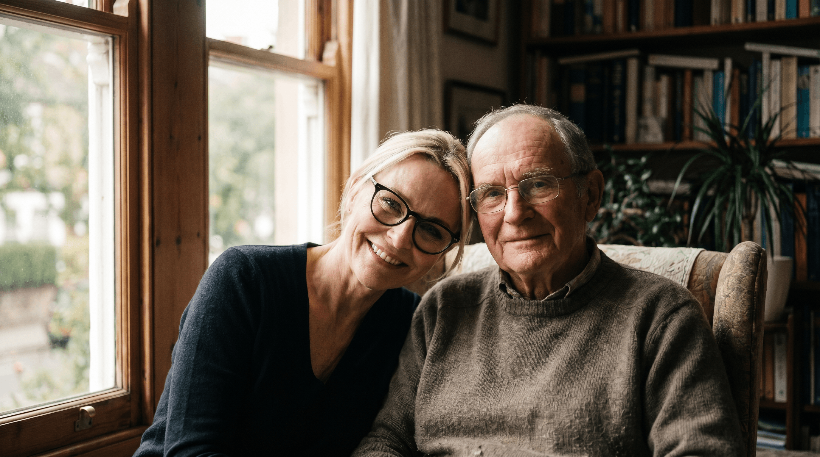 Daughter gently holding her elderly father's hand during a home care visit, exemplifying empathetic dementia care support